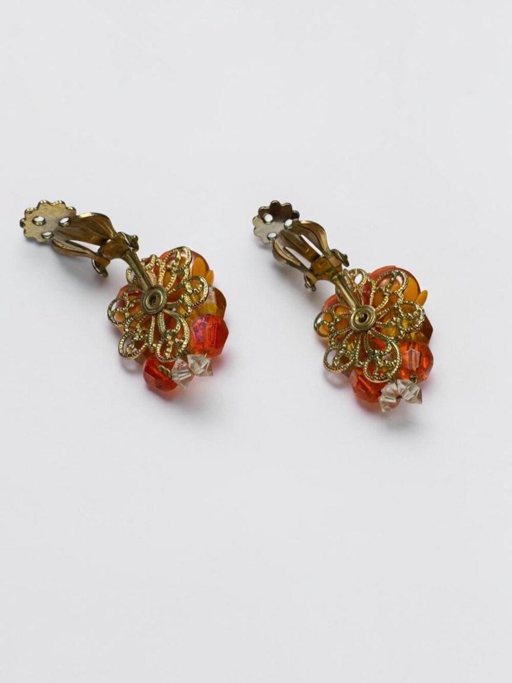 Necklace Earrings Set Orange Faux Pearl Crystal Cluster Beaded Vintage 1960s - Picture 6 of 9
